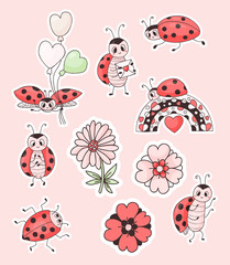 Collection of ladybug stickers. Cute little insect ladybird with balloons, flowers and rainbow. Vector isolated drawings for kids collection, design, print.