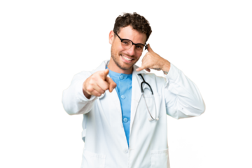 Brazilian doctor man over isolated chroma key background making phone gesture and pointing front