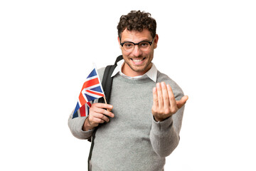 Brazilian man holding an United Kingdom flag over isolated chroma key background inviting to come...