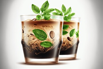  two glasses of iced coffee with green leaves on top of them, with a white background and a light reflection on the glass, with a shadow of the glass and a white background,.