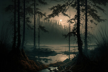 Fototapeta na wymiar Forest landscape, lake in the middle, foggy, dark, misty woods. Generative ai