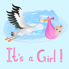 Stork with a newborn baby, flies in the sky. Baby shower. It`s a girl. Welcome baby.