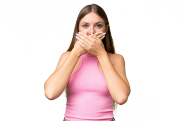 Young beautiful blonde woman over isolated background covering mouth with hands