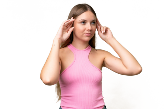 Young beautiful blonde woman over isolated background having doubts and thinking