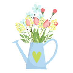 Bouquet of spring flowers inside the watering can. Flat design