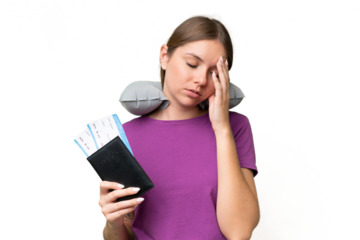 Young beautiful blonde woman with Inflatable travel Pillow over isolated background with headache