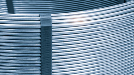Stainless steel wire rolls in the construction site. Closeup of metal steel reinforced rod for...