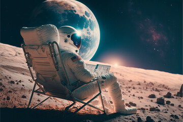 An astronaut sits on a chair on an alien planet and looking at the sky, the concept of travel and lifestyle of an astronaut on another planet, illustration art generated by ai