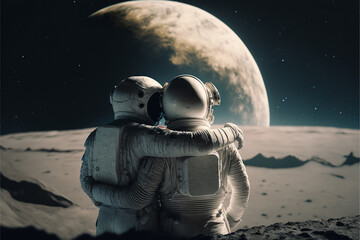 Two Astronauts Stand Hugging Alien