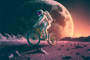 Astronaut rides a mountain bike on an alien planet, goes in for sports, the concept of travel and a healthy lifestyle, the idea of active pastime, uncharted space, art generated ai