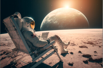 An astronaut sits on a chair on an alien planet and looking at the sky, the concept of travel and lifestyle of an astronaut on another planet, art generated by ai - obrazy, fototapety, plakaty