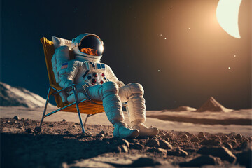 An astronaut sits on a chair on an alien planet and looking at the sky, the concept of travel and lifestyle of an astronaut on another planet, AI generated art