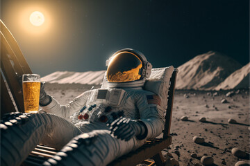 An astronaut lies on a sun lounger and drinks beer on the moon, the concept of travel and lifestyle of an astronaut on an alien planet, uncharted space, art generated by ai - obrazy, fototapety, plakaty