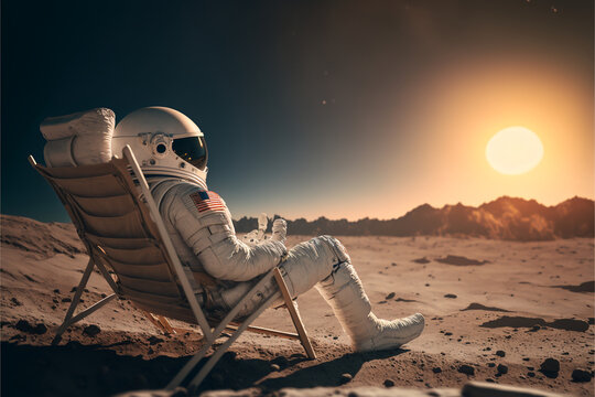 An astronaut sits on a chair on an alien planet and looking at the sky, the concept of travel and lifestyle of an astronaut on another planet, AI generated art