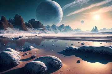 Foto op Plexiglas Blauwgroen Extraterrestrial landscape at sunset, scenery of alien planet in deep space. Theme of moon, futuristic nature, sci-fi. 