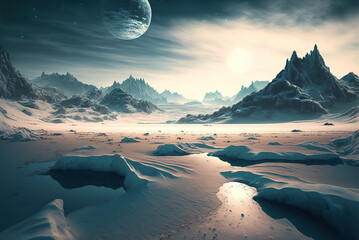 Extraterrestrial landscape, alien planet in deep space in winter, generative AI