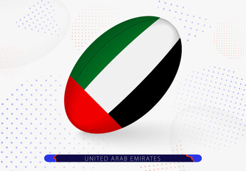 Rugby ball with the flag of United Arab Emirates on it. Equipment for rugby team of United Arab Emirates.