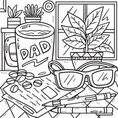 Fathers Day Coffee and Eye Glasses Coloring Page 