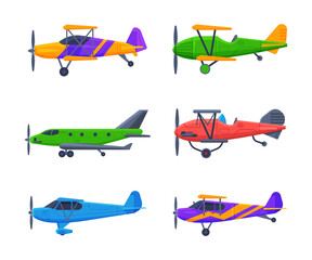 Airplane with Propeller and Wings Side View Vector Set