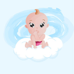 Baby girl sits on a cloud and sucks his thumb. Baby shower. It`s a girl. Welcome baby.