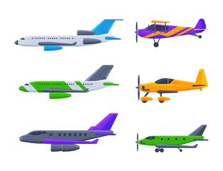 Airplane with Propeller and Wings Side View Vector Set