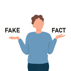Man shrugging with a curious expression and trying to choose between fake and fact, doubt or question