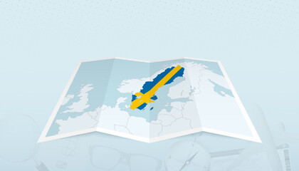 Map of Sweden with the flag of Sweden in the contour of the map on a trip abstract backdrop.