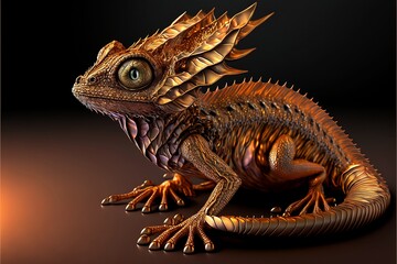 Fototapeta premium Illustrated image of a dragon in gold metallic color with crystal eyes.