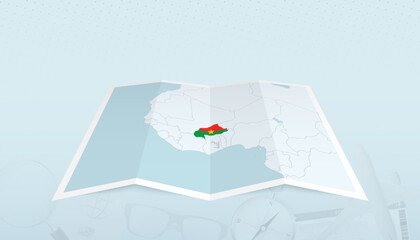Map of Burkina Faso with the flag of Burkina Faso in the contour of the map on a trip abstract backdrop.