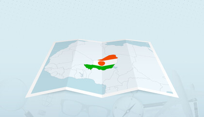 Map of Niger with the flag of Niger in the contour of the map on a trip abstract backdrop.