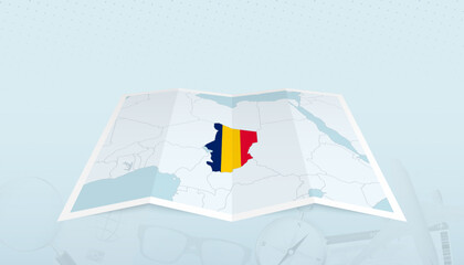 Map of Chad with the flag of Chad in the contour of the map on a trip abstract backdrop.