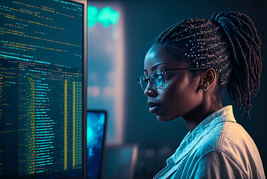 African American woman programmer looking at lines of code on a screen, copyspace. Generative AI