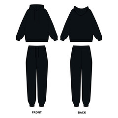 Vector drawing of a fashionable tracksuit in black. Vector sketch of hoodie and sweatpants, joggers with pockets. Set of technical drawing pajamas, vector.