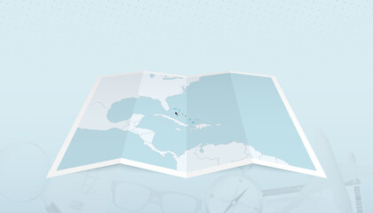 Map of The Bahamas with the flag of The Bahamas in the contour of the map on a trip abstract backdrop.