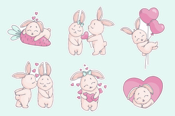 Collection of stickers of cute rabbits in love. Cartoon valentines for Valentine's day.Vector graphics.