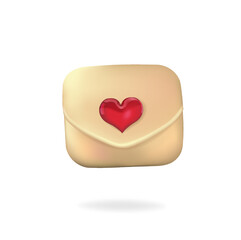 Closed golden envelope with a heart. Letter, sms, message with love. 3d vector in high resolution.