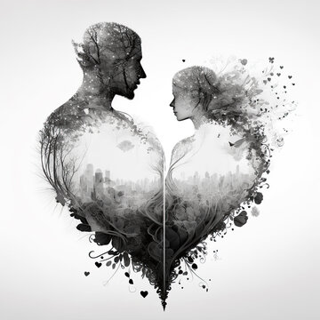 Heart. Double exposure heart. love poster. generative ai. valentines day background.