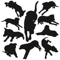 Set of black silhouettes of dogs lying, lie position, pack of shapes and figures of pets hand drawn, isolated vector