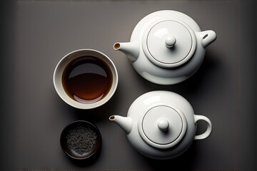 Obraz na płótnie Canvas a tea pot and a cup of tea on a table with a spoon and a bowl of black tea on the table top, with a black background with a white border and gold border. Generative AI