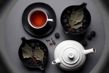  a tea pot and a tea cup on a table with a plate of berries and leaves on it and a cup of tea in the middle of the tea is on the plate and the. Generative AI