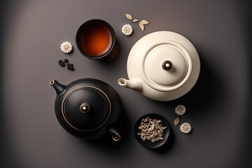  a tea pot and a cup of tea on a table with flowers and butterflies around it, with a spoon and a teapot with a tea in it, on a dark background with a. Generative AI