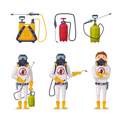 Pest Control and Insect Extermination Service with Chemical Cylinder and Man in Uniform Vector Set