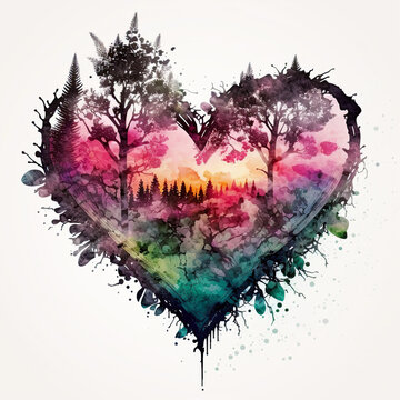 Heart. Watercolor double exposure heart. love for nature poster. generative ai. valentines day background