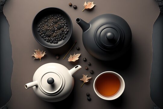  a tea pot and a cup of tea on a table with leaves and maple leaves around it and a black background with a black border with a black border and white border with a black. Generative AI