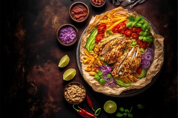  a plate of food with meat, vegetables and sauces on a table top with a knife and fork next to it and a bowl of chilis and a spoon on the side of rice. Generative AI 