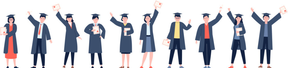 Happy graduated students hold diploma degree. Master education graduating, college or university success ended. Academic recent vector characters