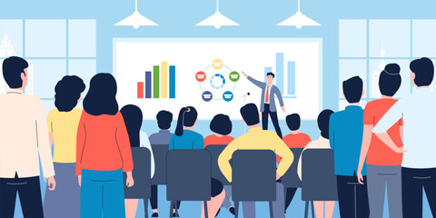 Business seminar or it teaching company. Financial lecture for employees, marketing and sales presentation in office. Conference recent vector scene - obrazy, fototapety, plakaty