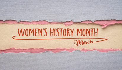 March Women History Month, handwriting on a handmade art paper, contributions of women to events in history and contemporary society - obrazy, fototapety, plakaty