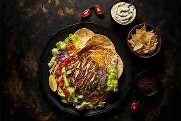  a plate of food with tortilla shells and a salad with dressing and tortilla chips on the side on a black table with a black background with a black surface with a. Generative AI 