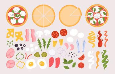 Pizza constructor ingredients. Mushrooms, sausage, cheese and vegetables, mozzarella and various sauces. Italian pizza maker racy vector set